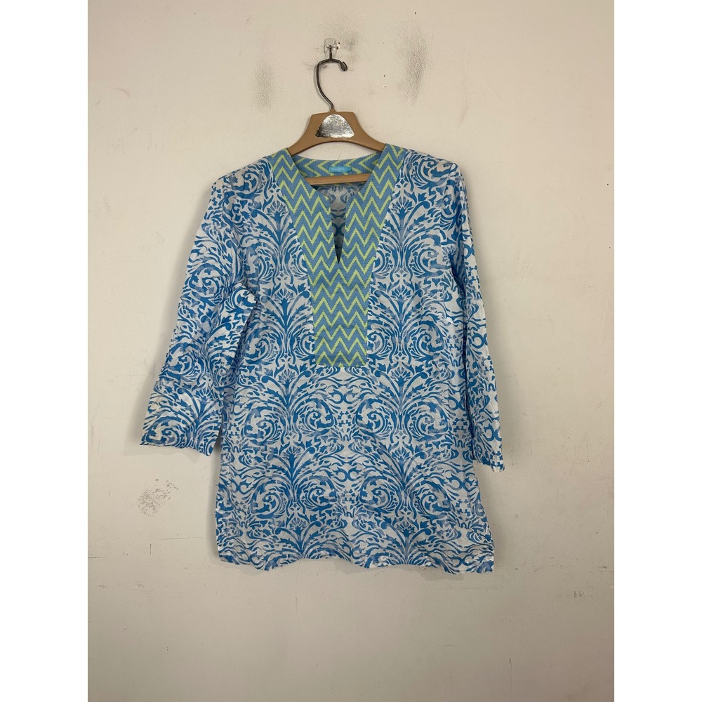 J. McLaughlin Womens Blue White Damask Cotton V-Neck Tunic Top Size L